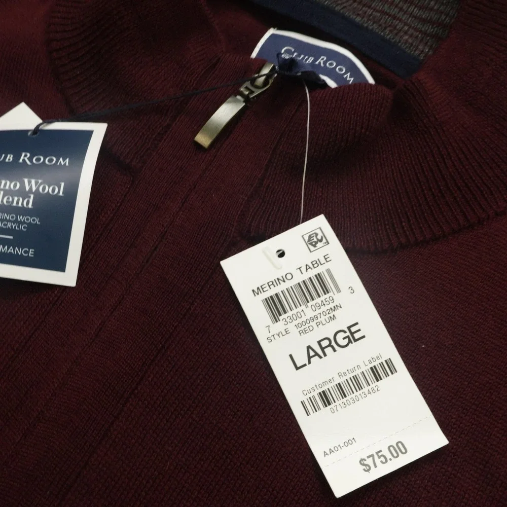 Club Room Sweater Mens Large 1/4 zip Merino Wool Pullover office Preppy Classic